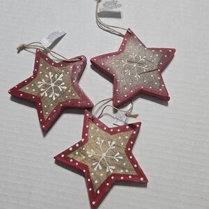 Set of 3 Carved Wooden Star Ornament Snowflake Deco NEW